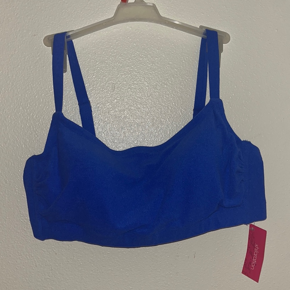 Bright blue bandeau bikini top, size X (14W).